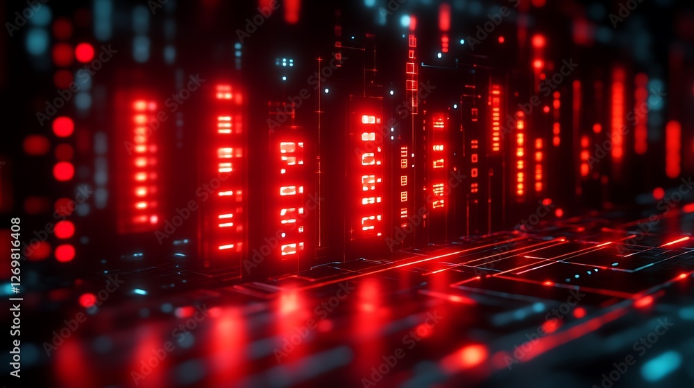 Poster futuristic red data flow, abstract digital infrastructure visualization