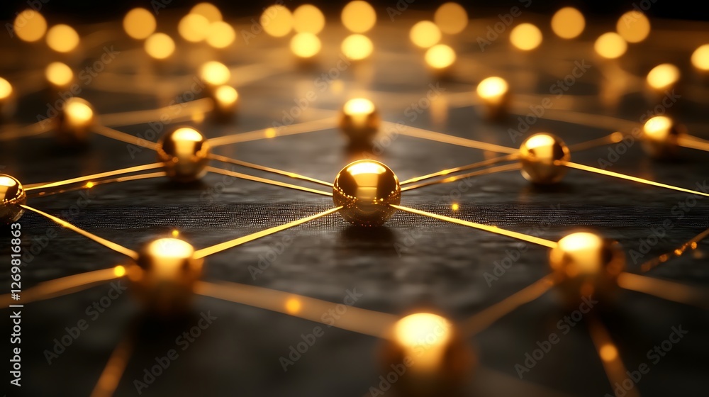 Poster golden network, interconnected nodes and lines on a dark texture surface