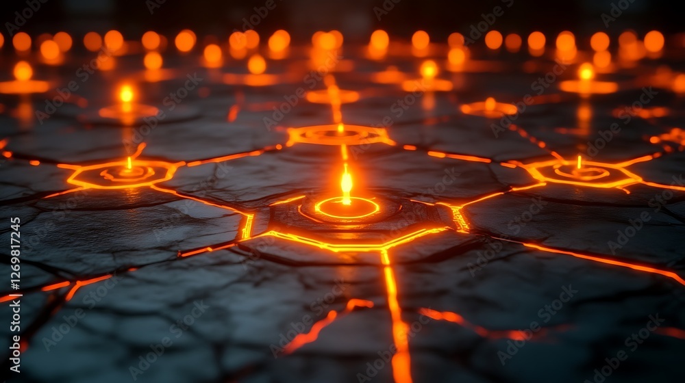 Poster illuminated hexagonal pattern with glowing orbs and central flame