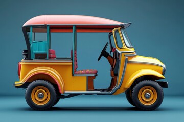 Obraz premium Vintage auto rickshaw in vibrant colors parked against a solid backdrop highlighting its unique design and craftsmanship