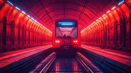 Red subway train approaching station, neon lights, underground transit
