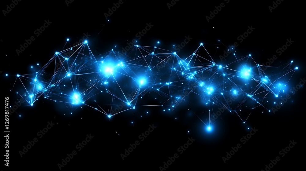 Poster interconnected network of blue glowing points and lines on black background