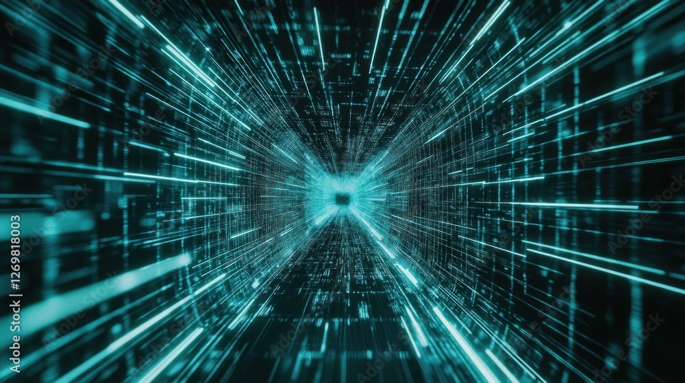 Poster Abstract tunnel made of glowing digital lines and data
