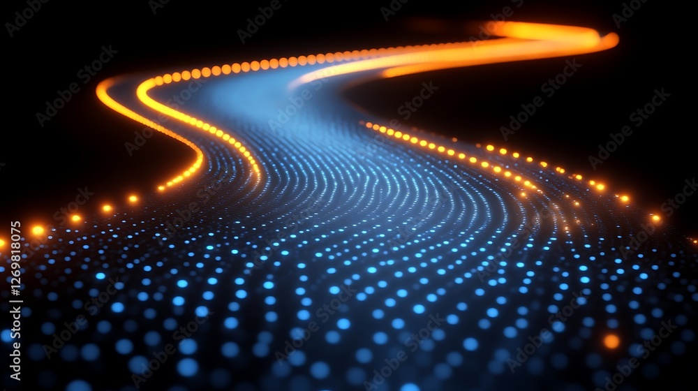 Poster luminous flow, abstract pathway of interconnected data points and glowing guide