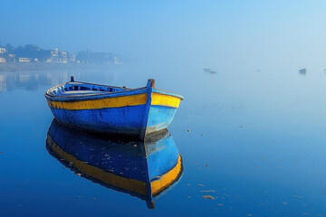 A serene view of Bhopal Lake, India, calm waters, boats floating, peaceful atmosphere