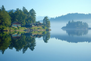 Obraz premium A serene view of Salt Spring Island, lush forests, calm waters, peaceful and natural