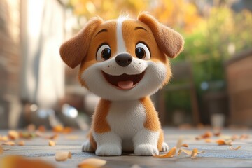 Happy cartoon puppy sitting outdoors surrounded by autumn leaves in a cheerful environment,...