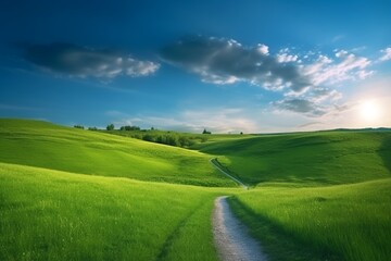 Rolling Green Hills: A winding path leads through rolling green hills under a bright blue sky dotted with fluffy clouds. The sun casts a warm glow.
