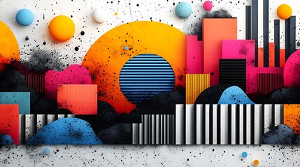 Eccentric Memphis design inspired 80s collage with neon infused geometric artwork on white