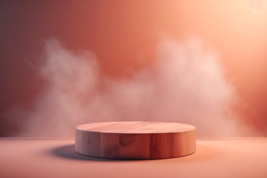 Minimalist Wooden Podium in Dusty Haze: A simple, wooden platform, the focal point of a studio setup. The podium rests on a light, sandy backdrop.