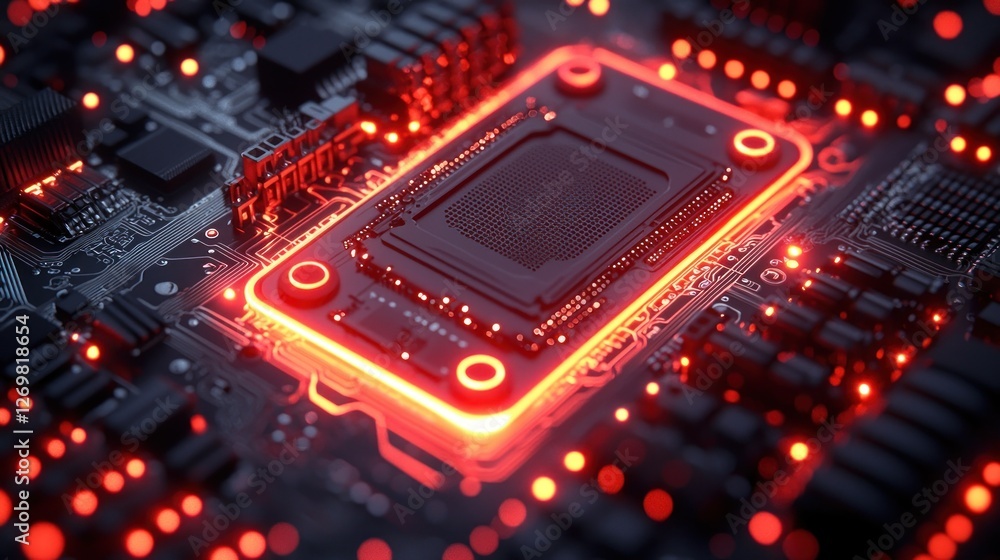 Poster red-lit cpu on motherboard, close-up; tech background; for tech articles