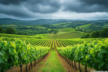 Naklejka premium A vineyard in Gigondas, France, rolling hills, grapes on the vine, rustic and serene