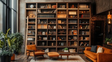 Library with wooden bookshelf armchair couch ottoman and window