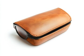 Elegant brown leather case for sunglasses or eyeglasses on a sleek backdrop isolated on transparent background