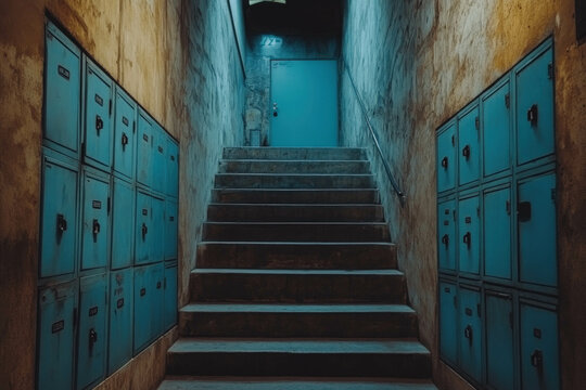 An Empty School Stairwell, Lockers Lining The Walls, Quiet And Nostalgic Atmosphere - Powered by Adobe