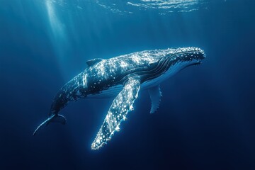 Fototapeta premium Humpback whale gracefully swims through deep ocean waters in sunlight