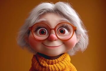 Obraz premium Cheerful animated character with glasses and white hair wearing a cozy yellow sweater against a warm orange background
