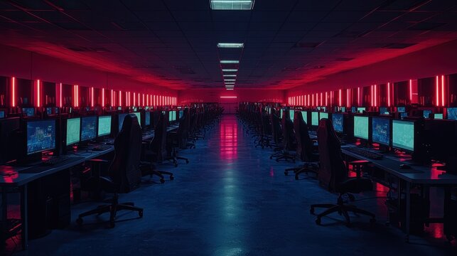 Red-lit esports arena; gamers' computers; night - Powered by Adobe