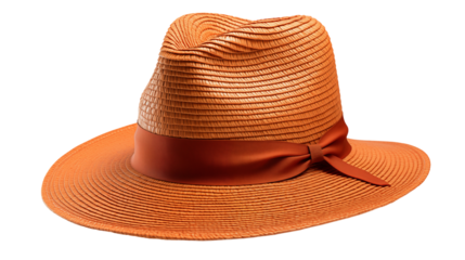 Orange Straw Fedora Wide Brim Summer Hat, Chic Boho Style for Beach and Travel, isolated on transparent background.