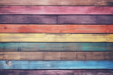Naklejka premium Rainbow Wood Texture: A vibrant array of colorful, horizontally arranged wooden planks, each painted in a different pastel hue, creates a captivating and textured backdrop.
