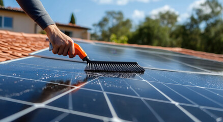 Person Cleaning Solar Panels with Brush and Water
