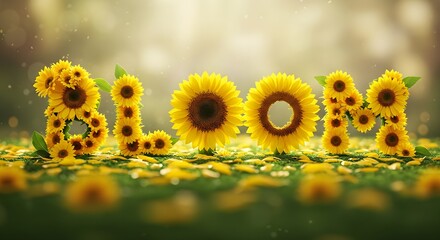 A vibrant arrangement of sunflowers spells "BLOOM," set against a blurred background, evoking feelings of joy and renewal in nature.