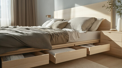 Neatly arranged bed featuring spacious underbed drawers for efficient storage, enhancing the room's minimalistic design