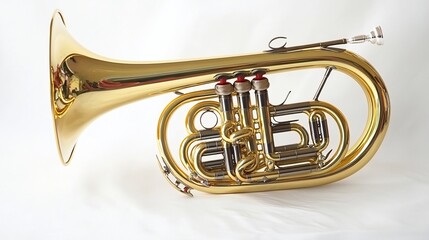 Shiny brass French horn displayed on a white background highlighting its curved design and reflective surface
