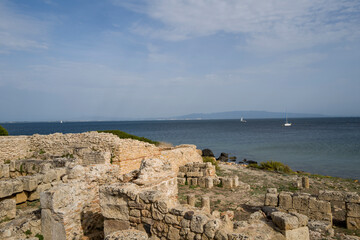 The archaeological site of Tharros in Cabras in Europe, Italy, Sardinia, Cabras, in summer, on a sunny day.