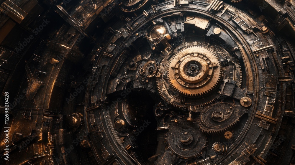 Poster intricate golden gears in a complex mechanical device