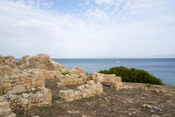 The archaeological site of Tharros in Cabras in Europe, Italy, Sardinia, Cabras, in summer, on a sunny day.