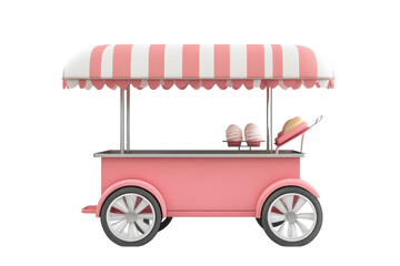 Charming pink ice cream cart with striped canopy ready for summer festivities at a sunny fairground isolated on transparent background