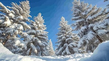 Snow-covered pine trees under a vibrant blue sky.