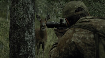 Fototapeta premium A Hunter Crouching Behind Cover