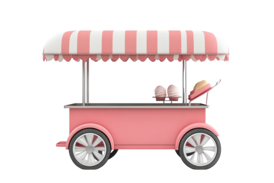 Charming pink ice cream cart with striped canopy ready for summer festivities at a sunny fairground isolated on transparent background