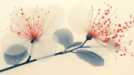 Delicate translucent flowers on branch, light beige background, artistic floral design
