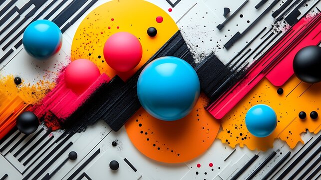 Eye popping 1980s graphic design collage with expressive vibrant color scheme on white