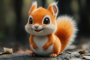 Fototapeta premium Cute cartoon squirrel with big eyes and fluffy tail sitting on forest floor among fallen leaves