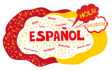 Espanol. Translation "Spanish".  
Сoncept of learning spanish language. Language education. Distance education, remote school, Spain university. Spanish Language Day. Postcard. Vector illustration