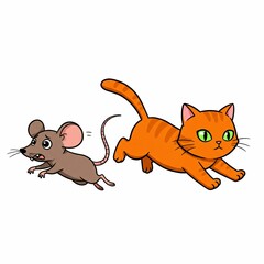 Playful cat chasing a mouse illustration.