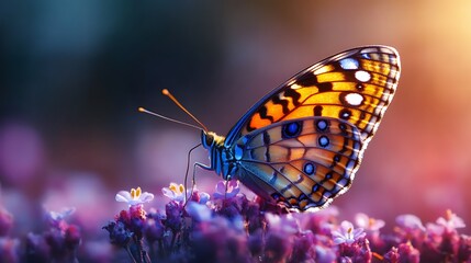 Obraz premium Colorful watercolor butterfly floating above a serene purple garden outdoors