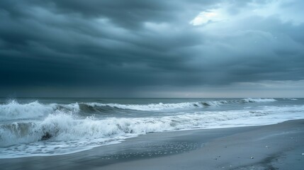 Fototapeta premium Stormy Ocean Waves Crashing on Empty Beach – Dramatic Seascape