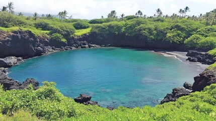Serene black sand beach cove surrounded by tropical greenery