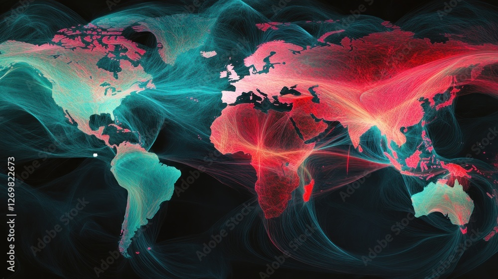 Poster World map displaying connectivity and flow with luminous lines
