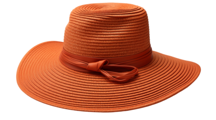Burnt Orange Sun Hat Wide Brim Straw, Trendy Beach Style for Women, isolated on transparent background.