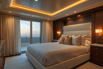 lavish master bedroom in a luxury high-rise, an oversized king bed with silk bedding and designer pillows, elegant mood lighting accentuating the dark wood paneling