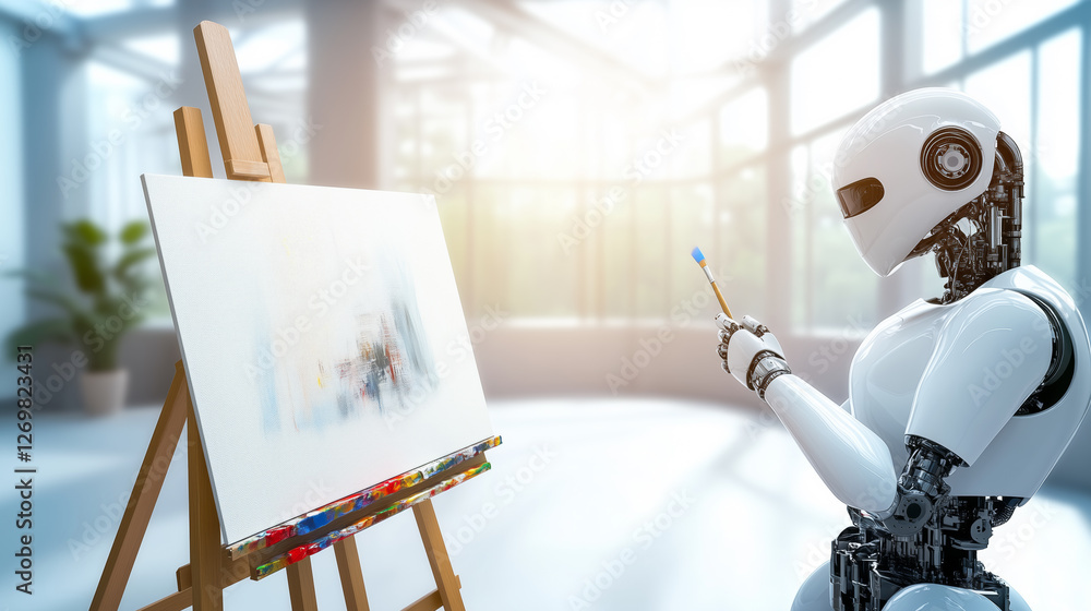 Poster a robot with a sleek design is carefully painting on a canvas set on an easel in a bright, contempor