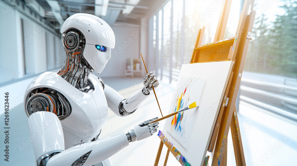 Aufkleber a robot with a shiny exterior paints a colorful canvas on an easel in a spacious, well-lit studio. s