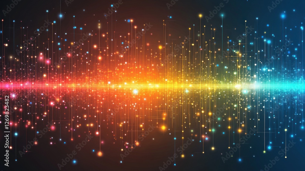 Poster abstract data stream with colorful particle flow and glowing connections