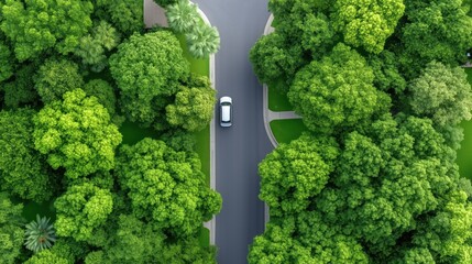 car navigates a calm neighborhood surrounded by vibrant green trees on a sunny day. asphalt road winds gently, creating a picturesque scene of nature and tranquility